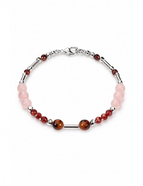 PULSERA BAÑADA EN PLATA PIEDRAS CAFÉ Y ROSADAS