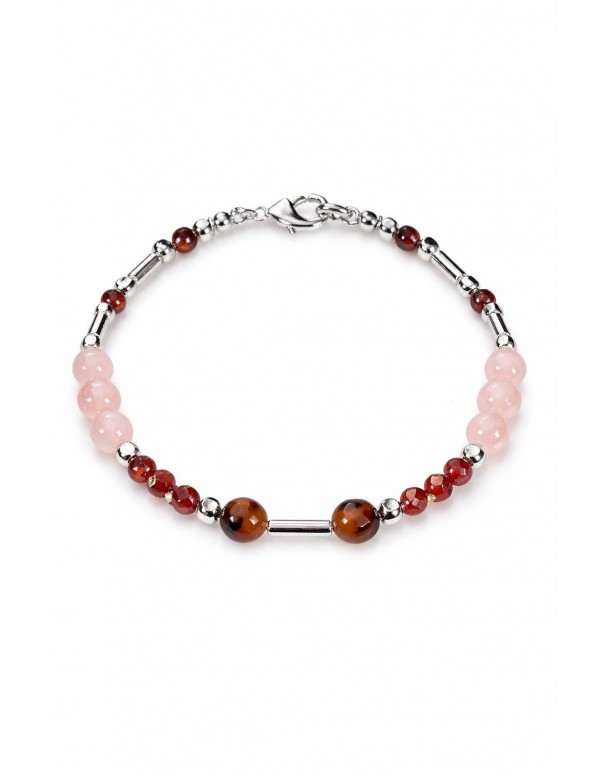 PULSERA BAÑADA EN PLATA PIEDRAS CAFÉ Y ROSADAS
