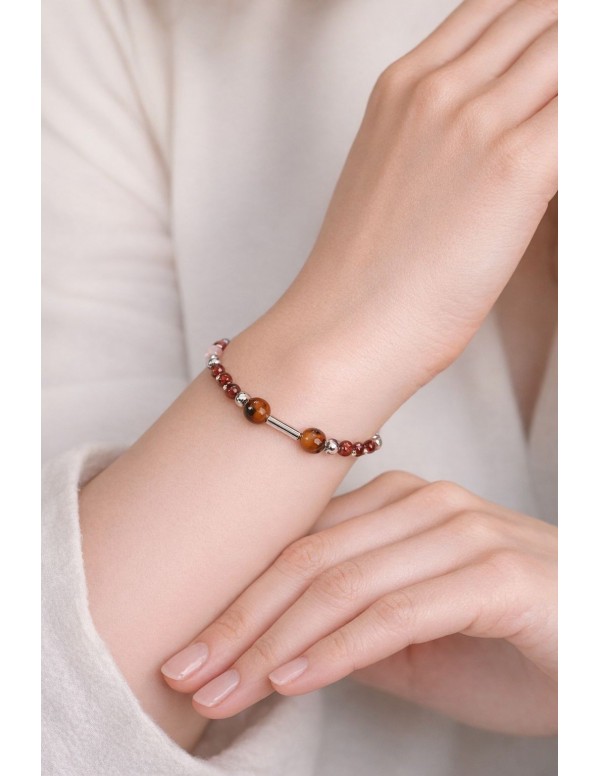 PULSERA BAÑADA EN PLATA PIEDRAS CAFÉ Y ROSADAS