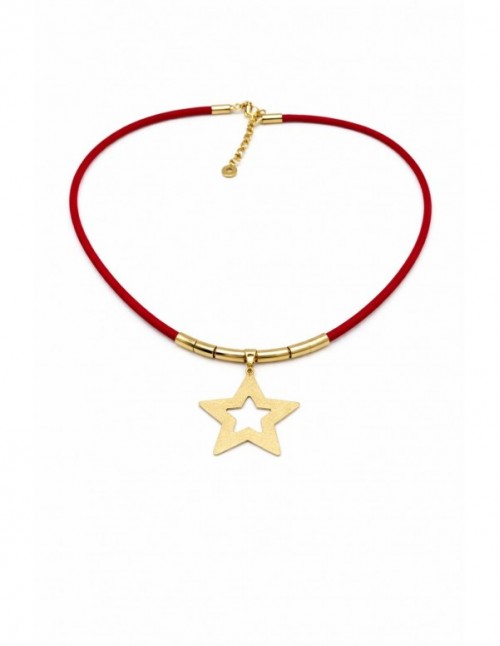 COLLAR BAÑO DE ORO GAMUZA ROJA 45+5 CM