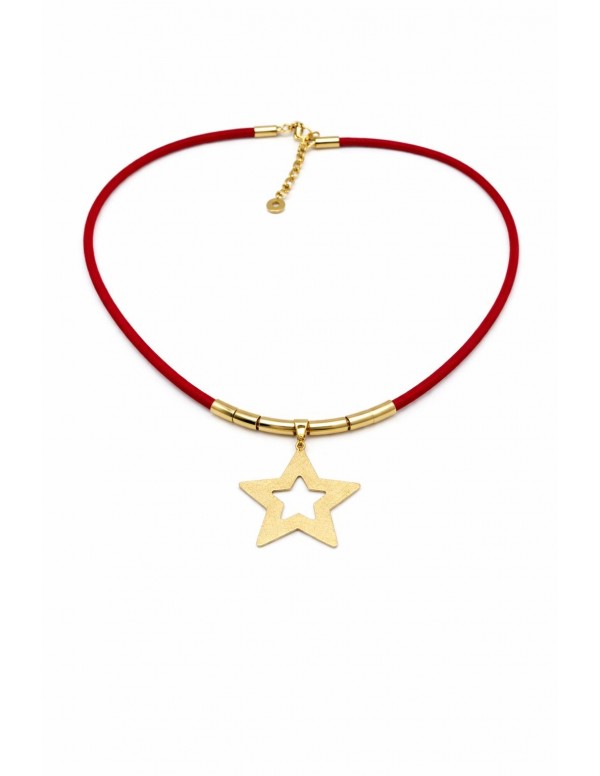 COLLAR BAÑO DE ORO GAMUZA ROJA 45+5 CM