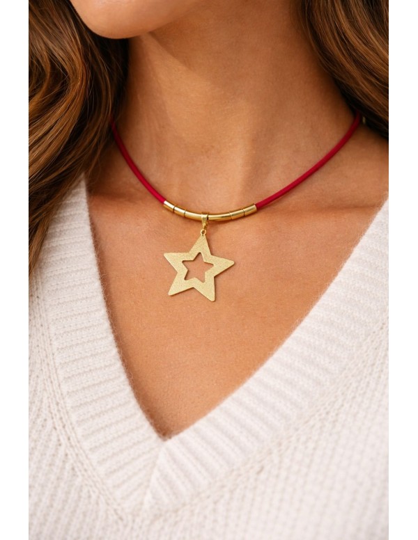 COLLAR BAÑO DE ORO GAMUZA ROJA 45+5 CM