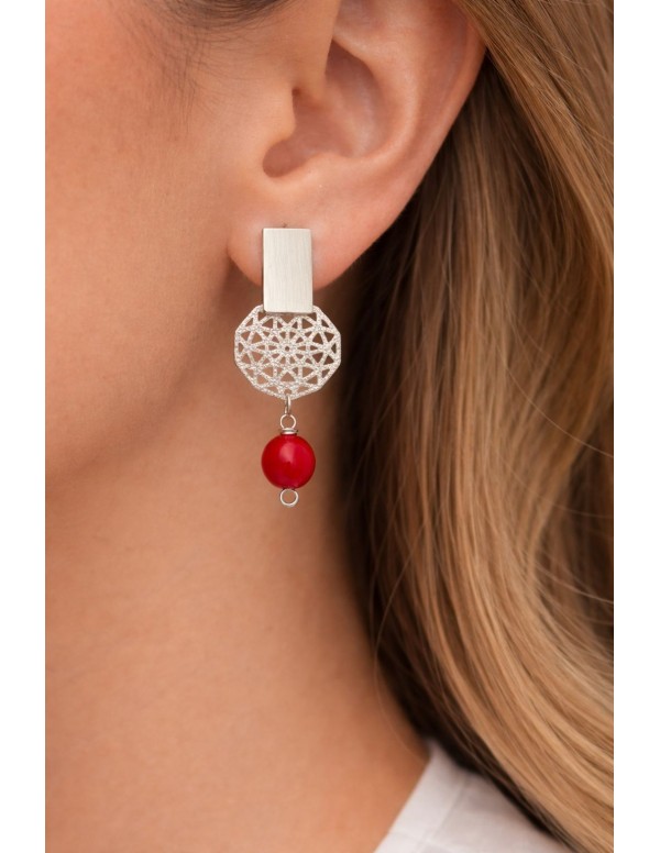 AROS BAÑADOS EN PLATA PIEDRA ROJA