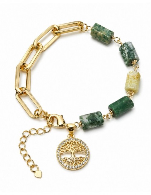 PULSERA BAÑADA EN ORO ARBOL DE LA VIDA PIEDRA VERDE