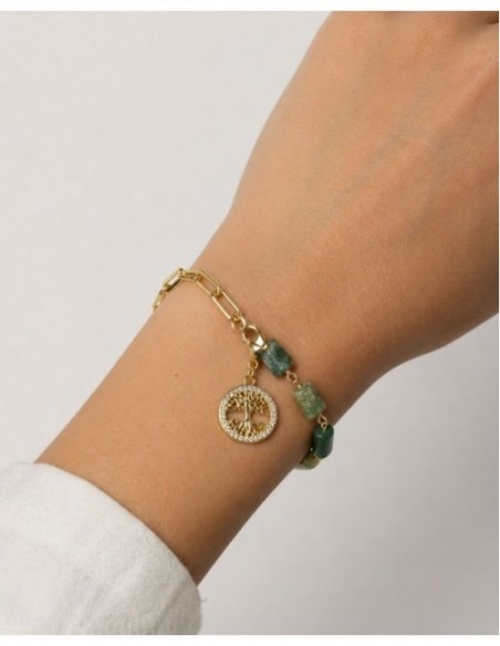 PULSERA BAÑADA EN ORO ARBOL DE LA VIDA PIEDRA VERDE