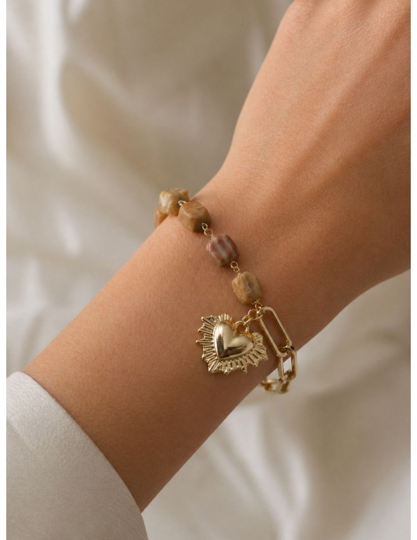 PULSERA BAÑADA EN ORO CORAZON PIEDRA CAFÉ