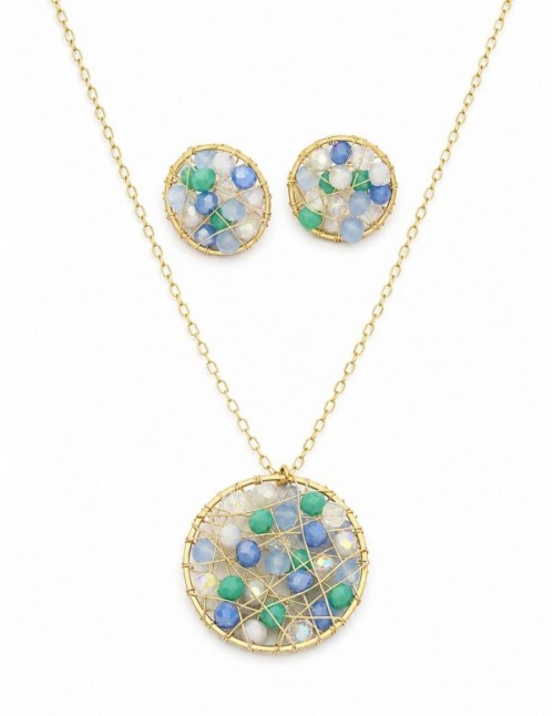 CONJUNTO BAÑADO EN ORO ALAMBRISMO CRISTALES COLLAR 50CMS