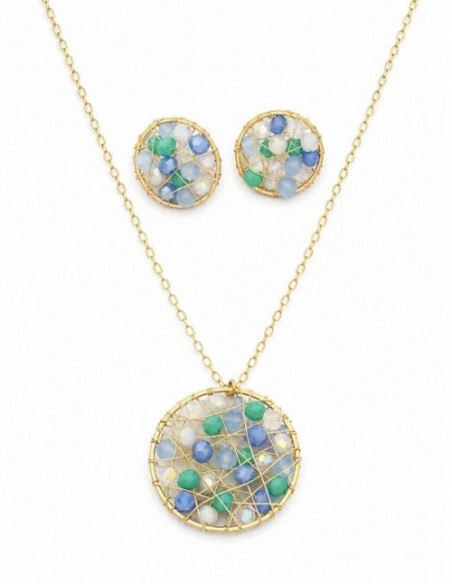 CONJUNTO BAÑADO EN ORO ALAMBRISMO CRISTALES COLLAR 50CMS