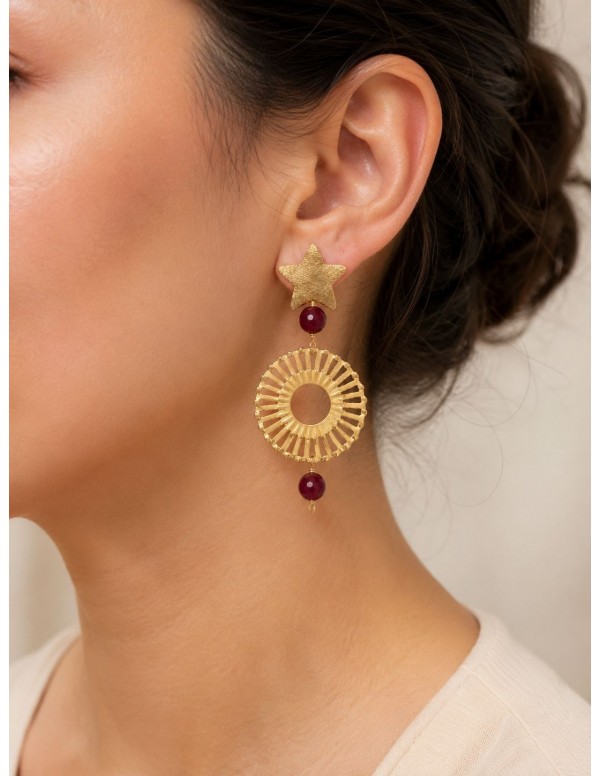 AROS BAÑADOS EN ORO PIEDRA ROJA