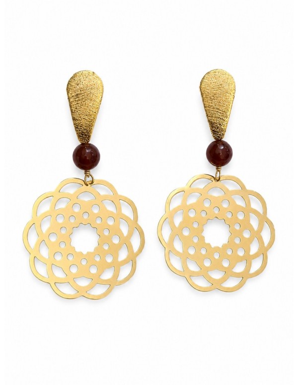 AROS BAÑADOS EN ORO PIEDRA CAFÉ