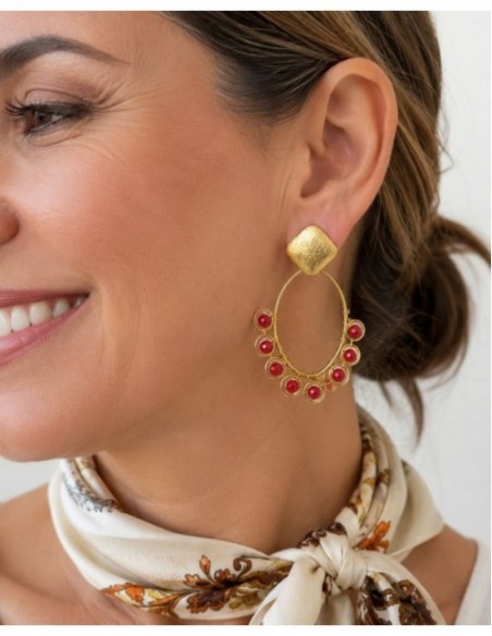 AROS BAÑADOS EN ORO PIEDRA ROJA