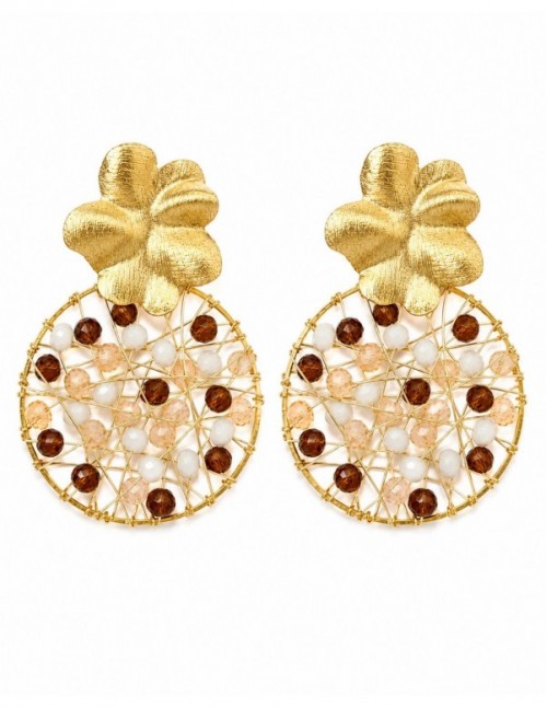 AROS BAÑADOS EN ORO PIEDRA CAFÉ Y ROSADO
