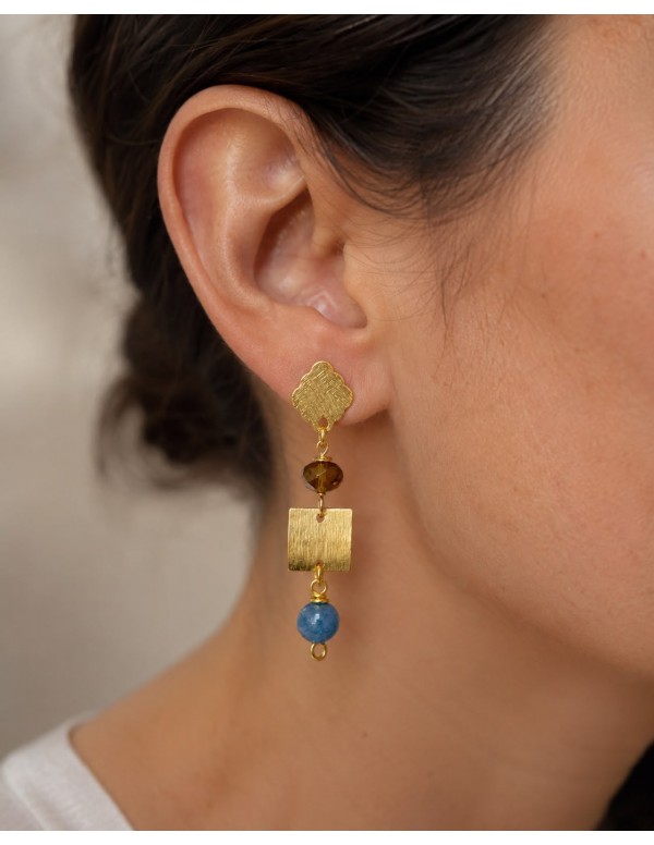 AROS BAÑADOS EN ORO PIEDRA CELESTE