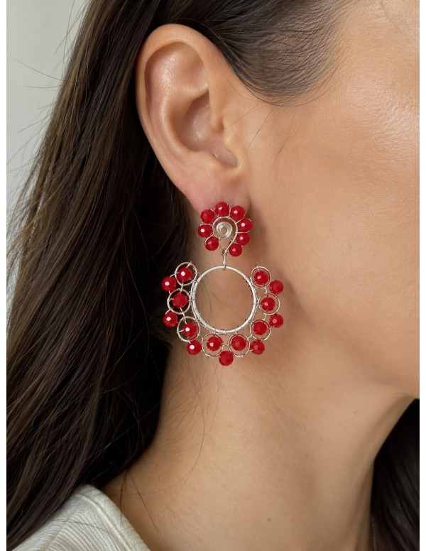 AROS BAÑADOS EN PLATA CRISTALES ROJOS