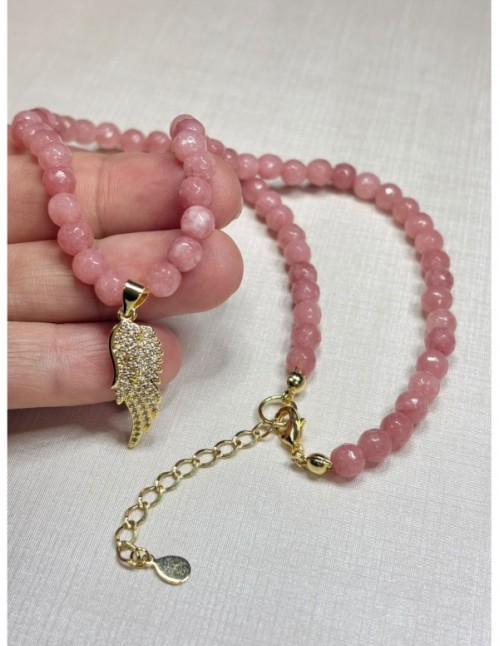 COLLAR BAÑADO EN ORO PIEDRAS ROSADAS (40+5cms)