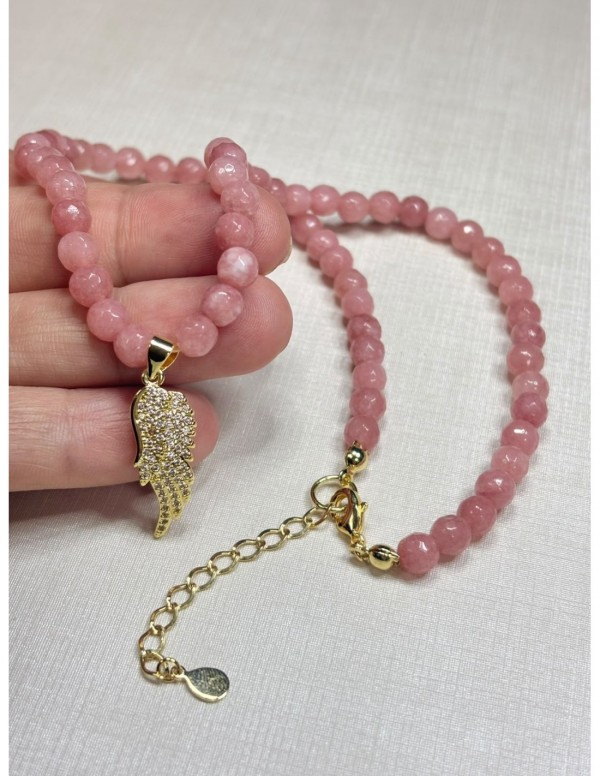 COLLAR BAÑADO EN ORO PIEDRAS ROSADAS (40+5cms)