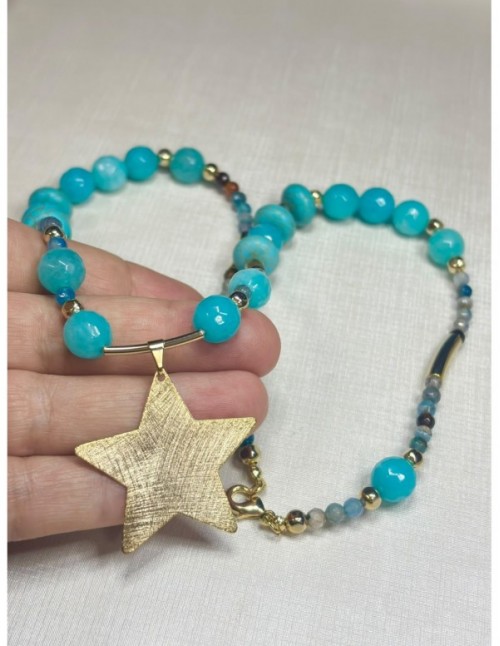 COLLAR BAÑADO EN ORO PIEDRAS TURQUESAS (52 cms)