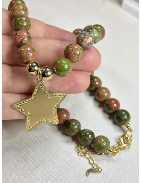 COLLAR BAÑADO EN ORO PIEDRAS SERPENTINA VERDE