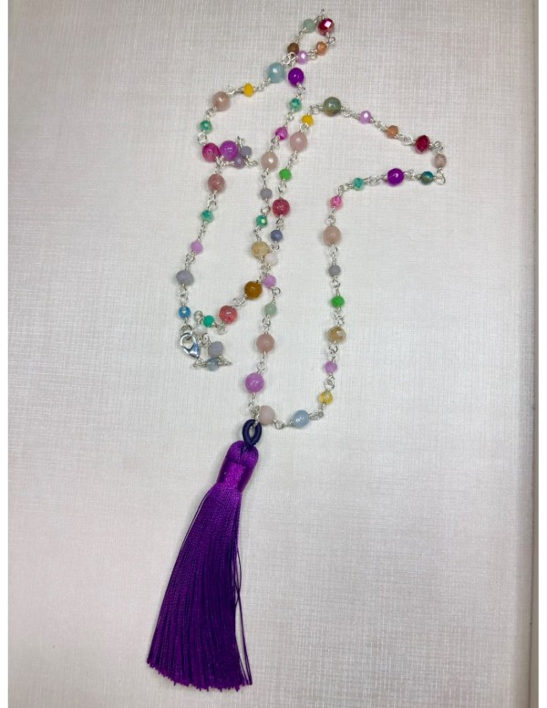 COLLAR BAÑADO EN PLATA BORLA MORADA (70 cms)