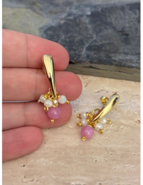 AROS BAÑADOS EN ORO PIEDRAS ROSADAS Y BLANCAS