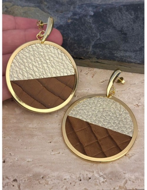 AROS BAÑADOS EN ORO CUERO CAFÉ Y DORADO