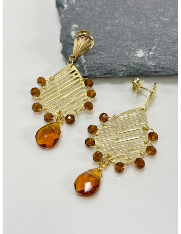 AROS BAÑADOS EN ORO PIEDRA CAFÉ