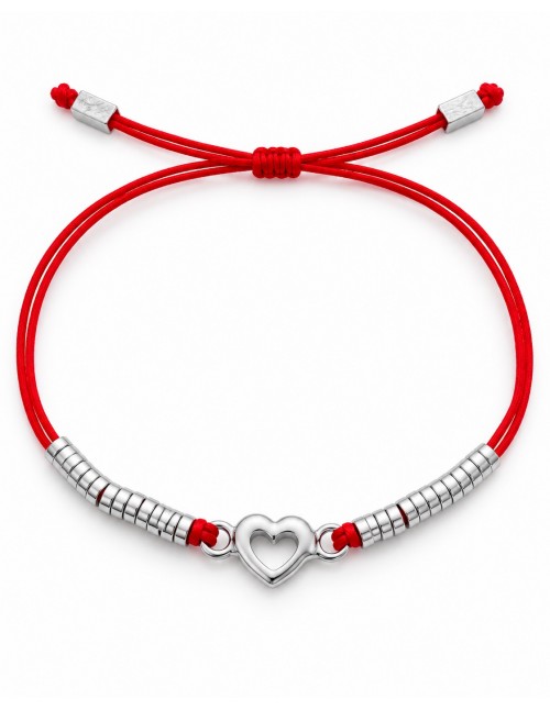 PULSERA ROJA AJUSTABLE CORAZÓN CENTRAL BAÑADA EN PLATA