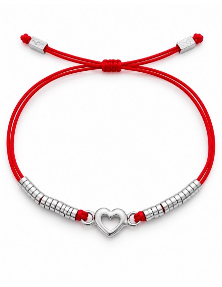 PULSERA ROJA AJUSTABLE CORAZÓN CENTRAL BAÑADA EN PLATA