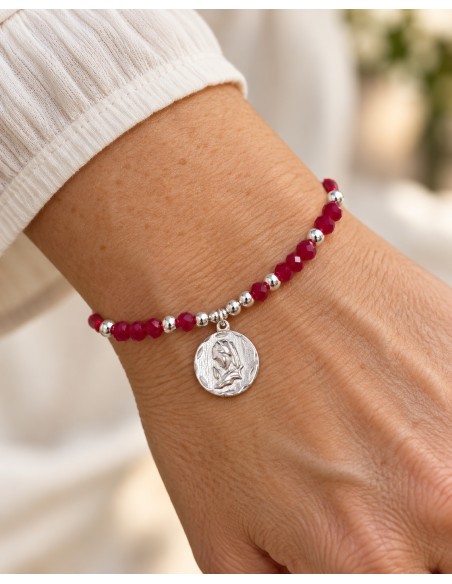 PULSERA ROJA AJUSTABLE VIRGEN EN ORACIÓN BAÑADA EN PLATA