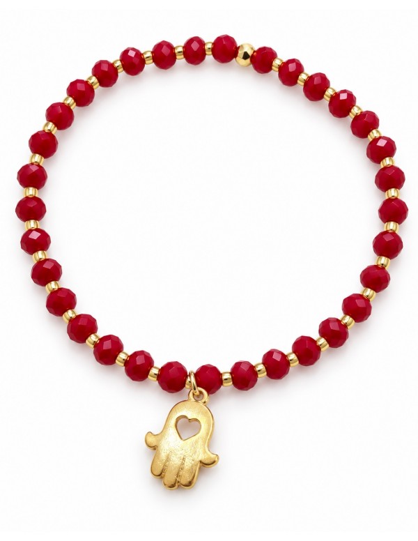 Pulsera roja Mano de Fátima con corazón bañada en oro sobre fondo blanco