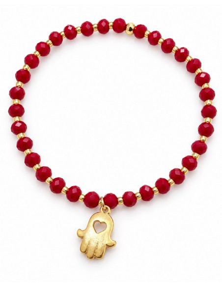 Pulsera roja Mano de Fátima con corazón bañada en oro sobre fondo blanco