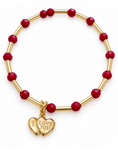 Pulsera roja con doble corazón I Love You bañada en oro sobre fondo blanco