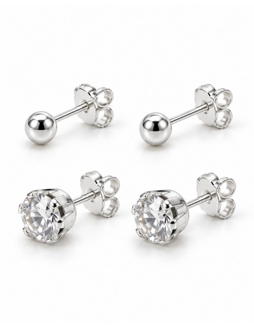 Set de dos pares de aros bolita y cristal bañados en plata, cuatro piezas