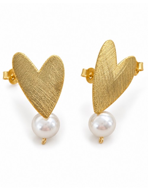 Aros corazón dorado con perla blanca