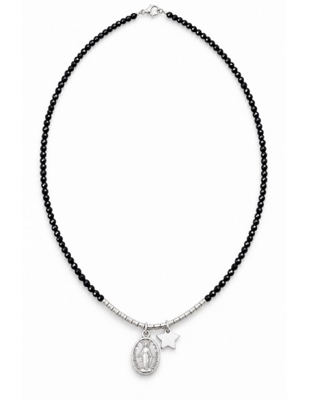 Collar de cristales negros con Virgen y estrella en baño de plata