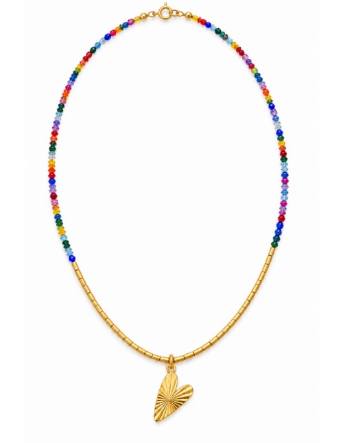 Collar de cristales multicolor con corazón en baño de oro