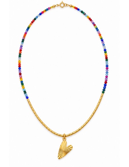 Collar de cristales multicolor con corazón en baño de oro