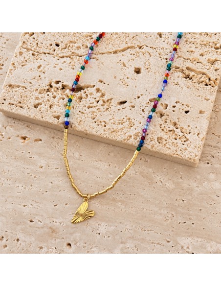 Collar de cristales multicolor con corazón en baño de oro