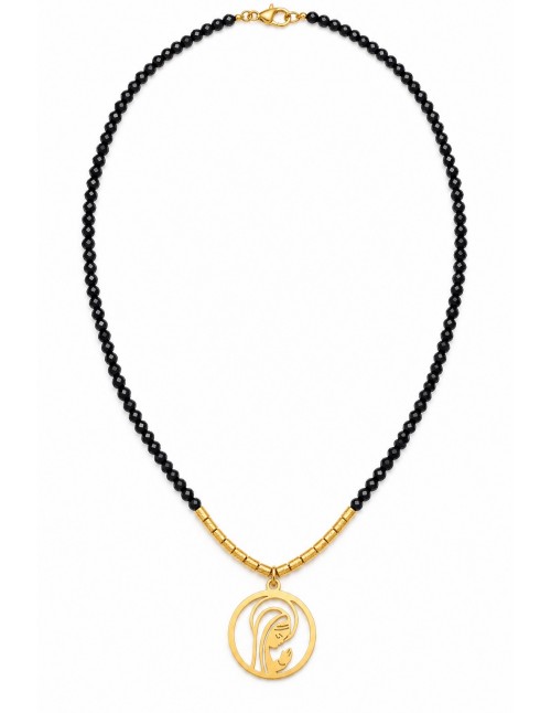 Collar de cristales negros con Virgen en baño de oro