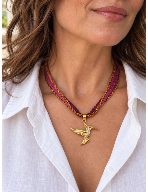 Cinta de seda con colibrí bañado en oro: collar y pulsera 2