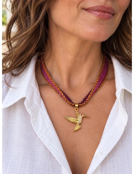 Cinta de seda con colibrí bañado en oro: collar y pulsera
