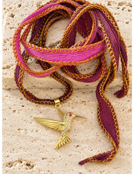 Cinta de seda con colibrí bañado en oro: collar y pulsera