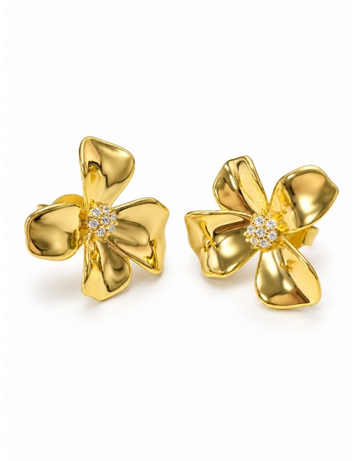 Aros flor de cuatro pétalos bañados en oro con centro...