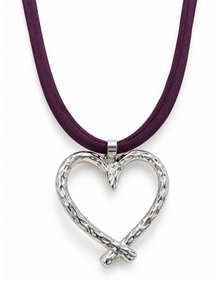 Collar corazón bañado en plata con cordón de seda morado de 50 cm