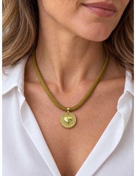 Collar reversible corazón y estrella bañado en oro con seda de 50 cm