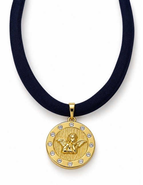 Collar Angelito baño de oro y seda azul marino 50 cm