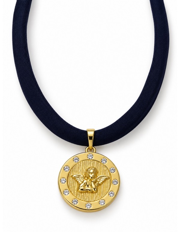 Collar Angelito baño de oro y seda azul marino...