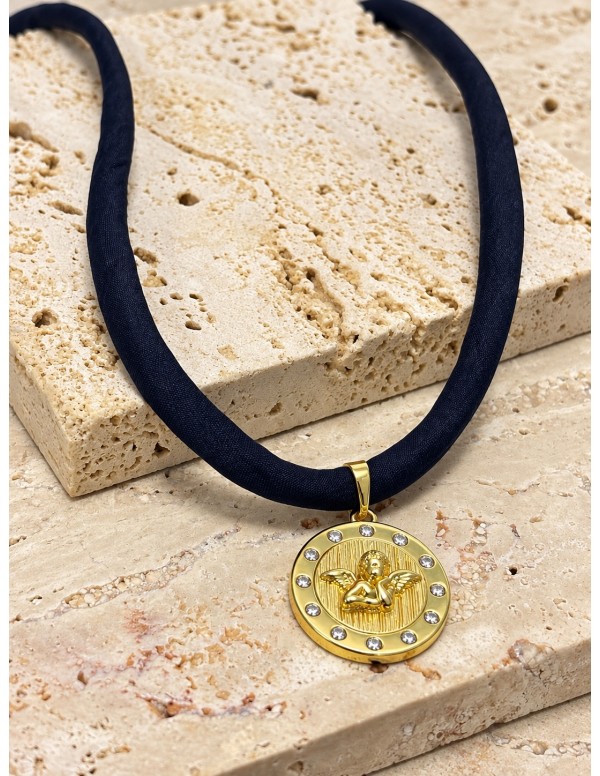 Collar Angelito baño de oro y seda azul marino...