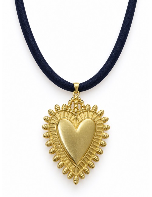 Collar Corazón Detente baño de oro y seda azul marino 50 cm