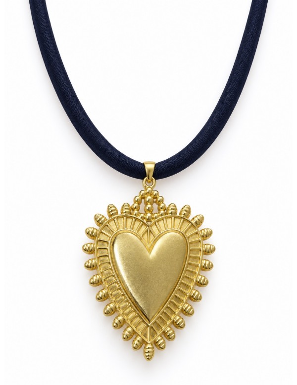 Collar Corazón Detente baño de oro y seda azul...